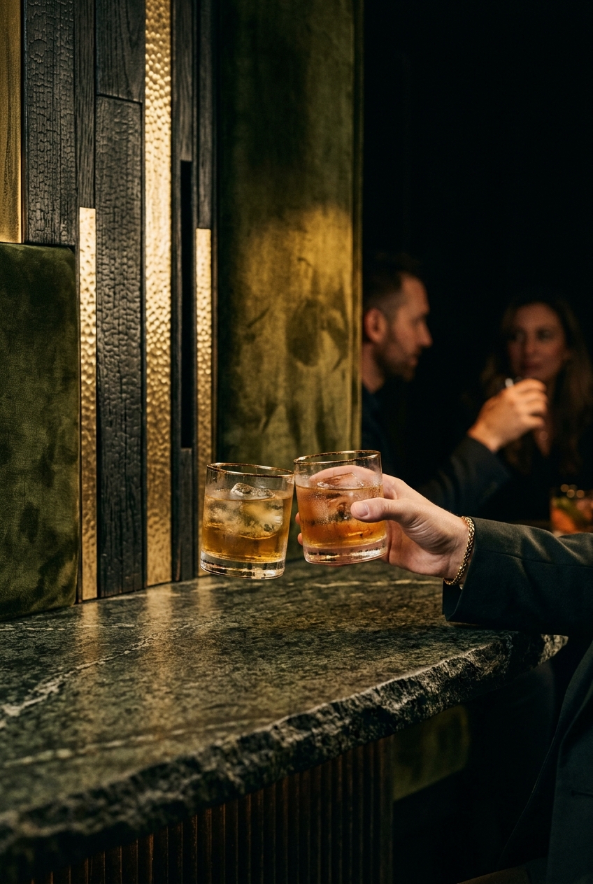 Hand lifting an amber cocktail beside black and gold textured lounge panels