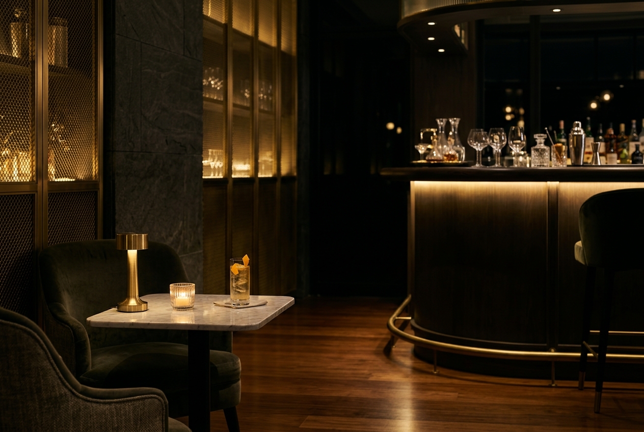 Refined dimly lit lounge bar with golden accents and intimate seating