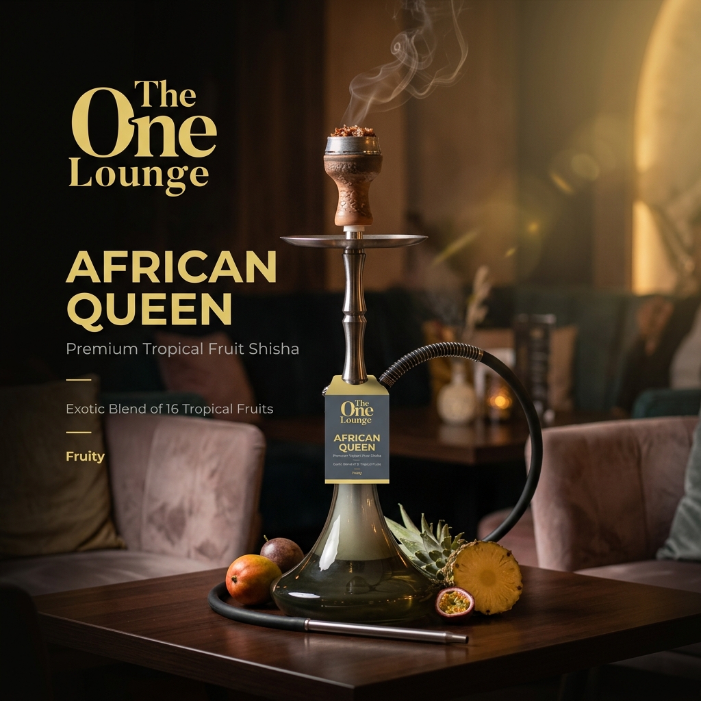 Premium hookah with rising smoke and tropical fruit in warm gold lounge lighting