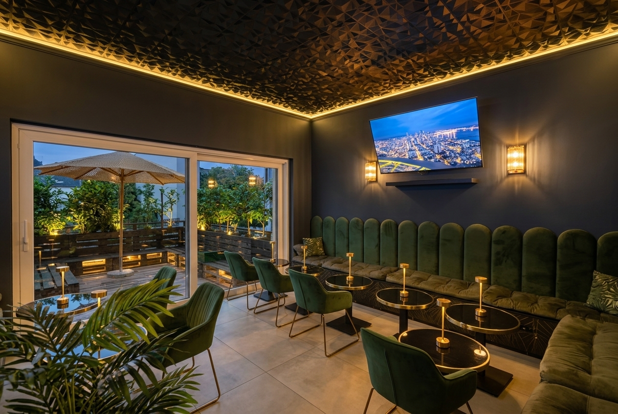 Premium lounge interior with green velvet seating, gold lighting, and dark sculptural ceiling