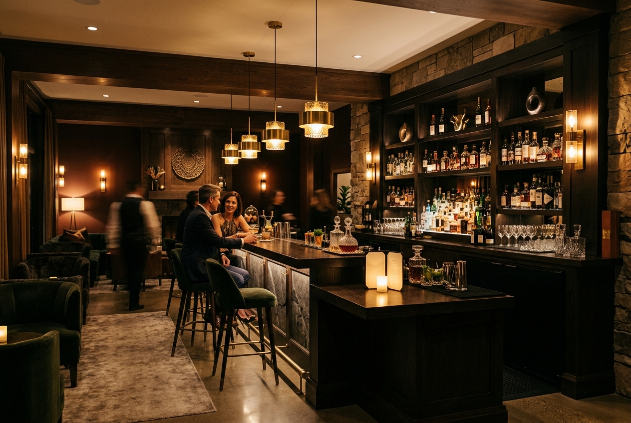 A polished upscale lounge bar glows with warm golden lighting, dark wood and stone finishes, stocked shelves, and seated guests creating an inviting premium atmosphere for The One Lounge in Luxembourg.