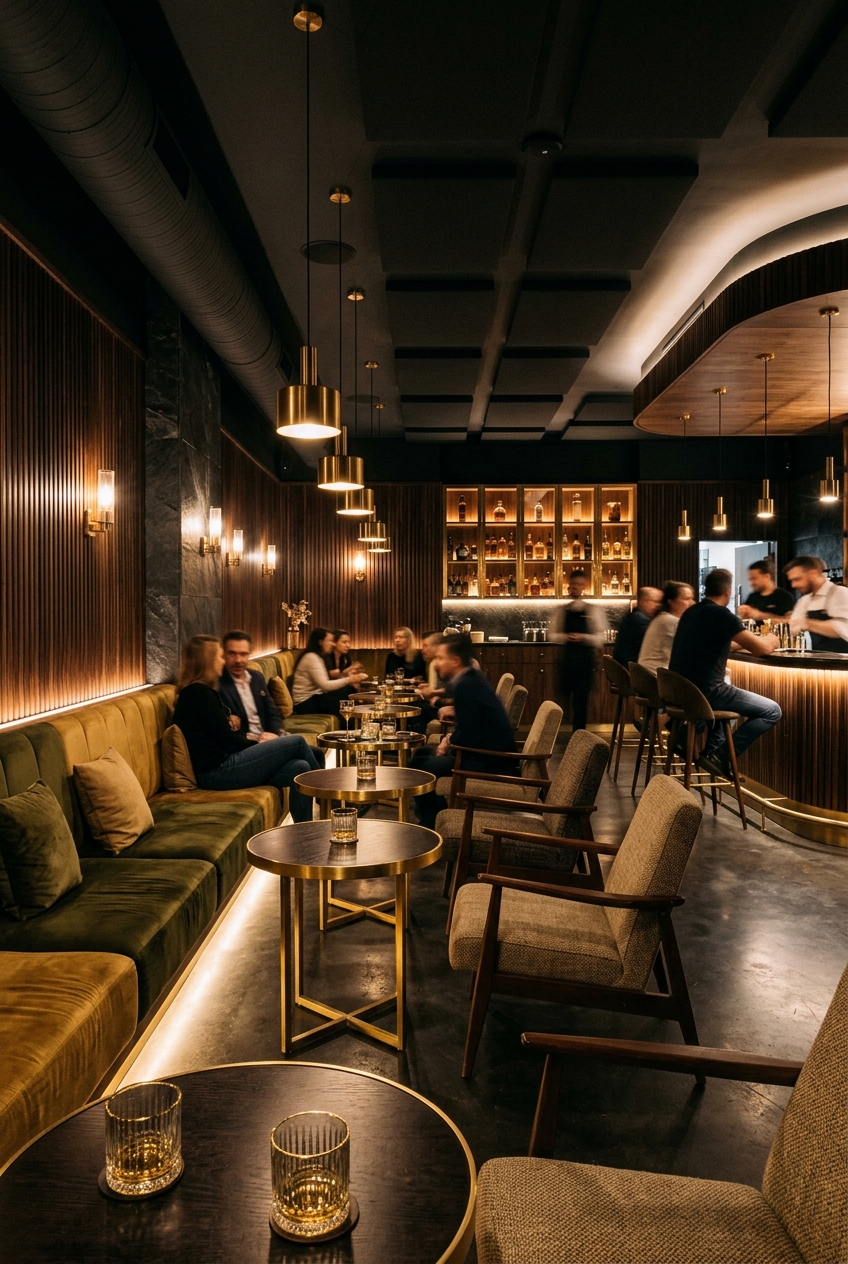 Upscale lounge interior with warm golden lighting, velvet seating, and a softly active bar atmosphere at The One Lounge